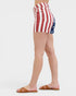 Person wearing American flag patterned shorts on a white background