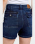 Blue denim shorts worn by a person on a white background