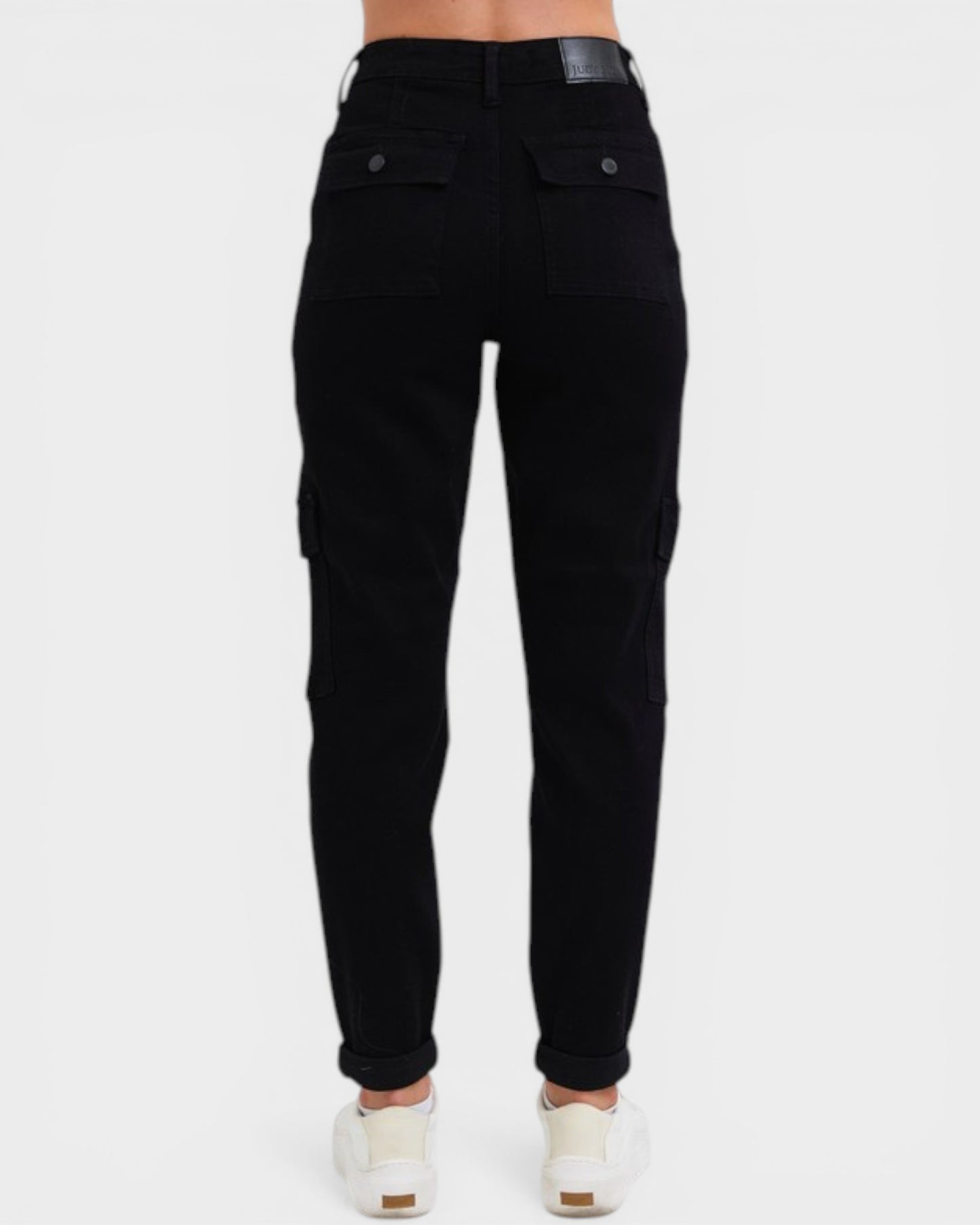 Black cargo pants on a white background