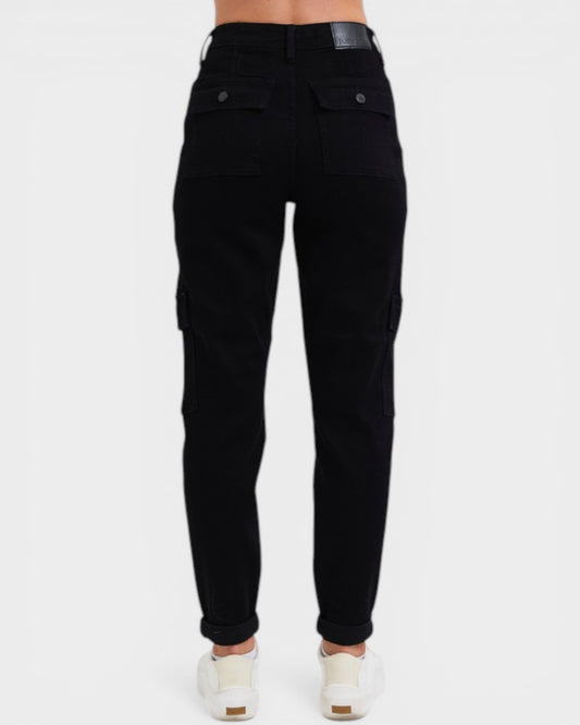 Black cargo pants on a white background