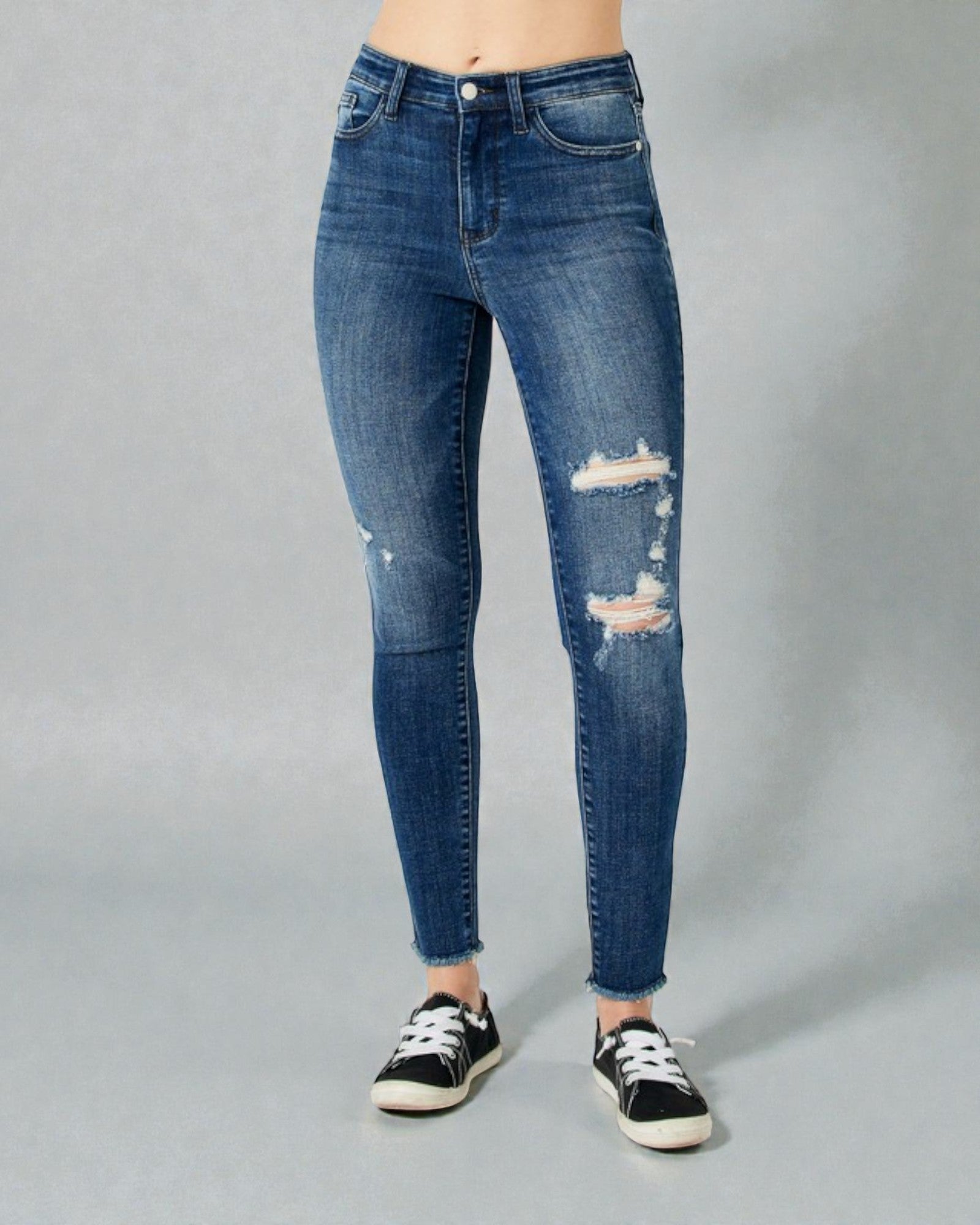 Jean skinny taille haute délavé foncé effet usé