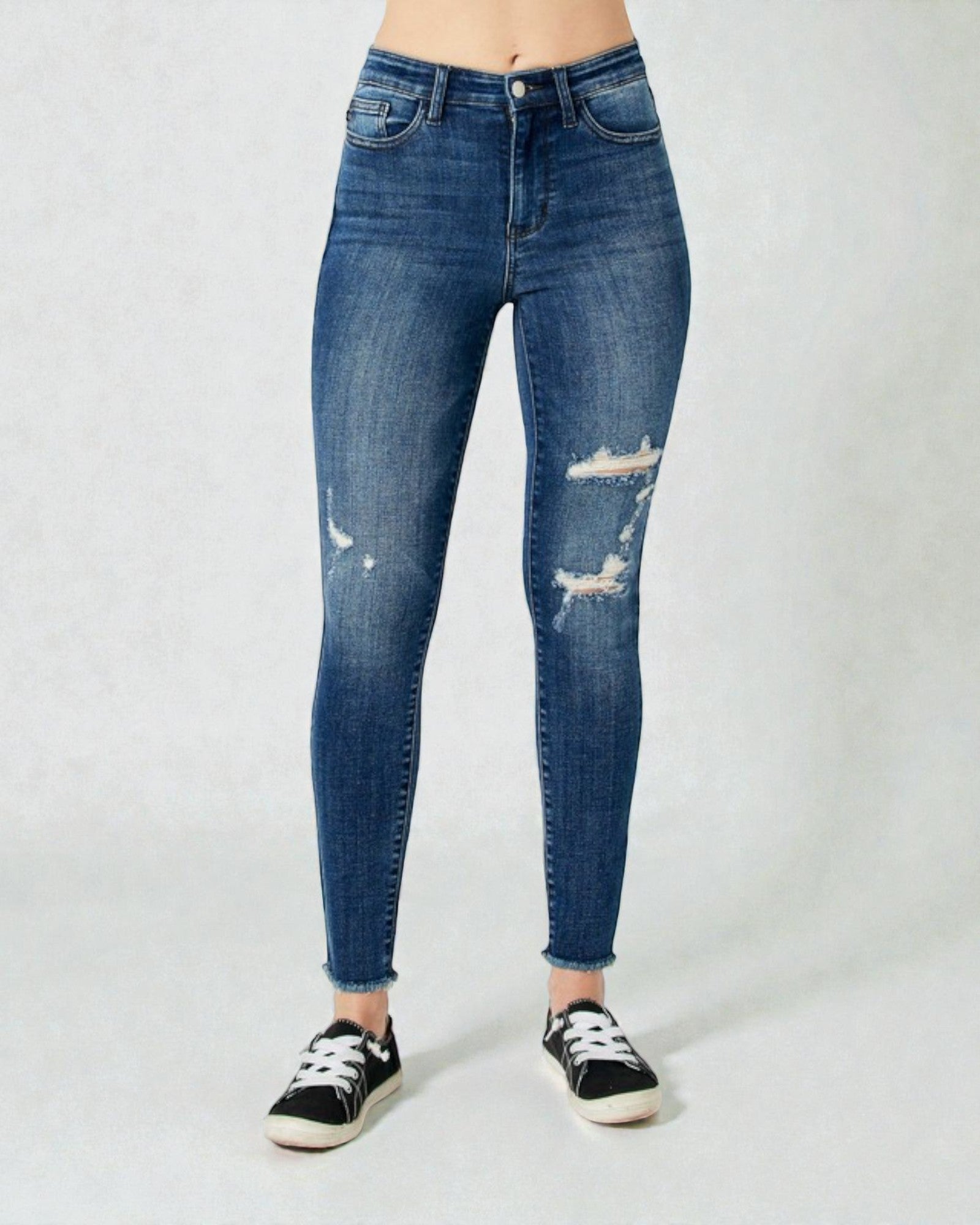 Jean skinny taille haute délavé foncé effet usé