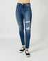 Jean skinny taille haute délavé foncé effet usé