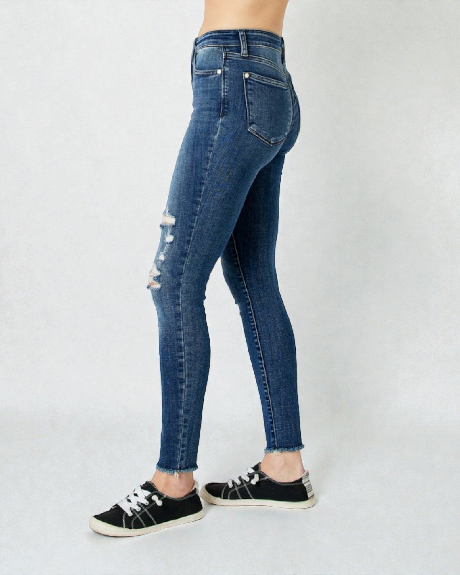 Jean skinny taille haute délavé foncé effet usé