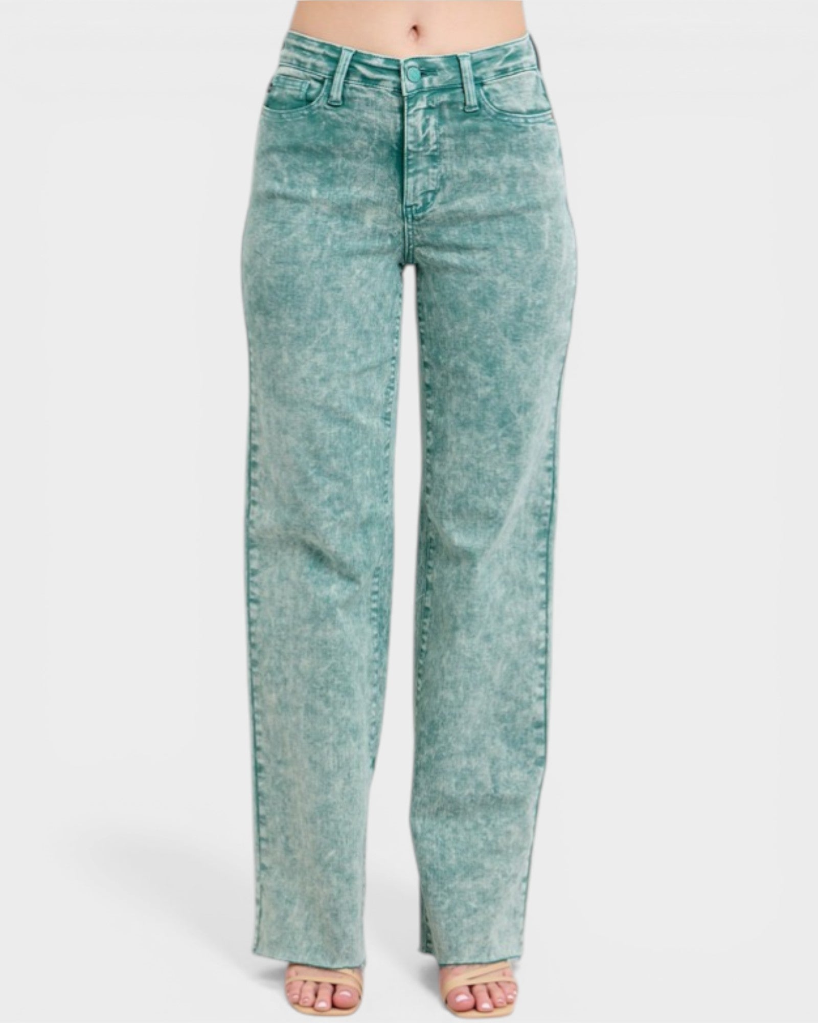 Teal acid-wash jeans on a white background