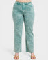 Teal acid-wash jeans on a white background