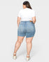 Medium Wash High-Rise Raw Hem Denim Shorts