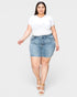 Medium Wash High-Rise Raw Hem Denim Shorts