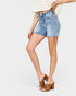 Medium Wash High-Rise Raw Hem Denim Shorts