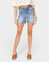 Medium Wash High-Rise Raw Hem Denim Shorts