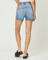 Person wearing light blue denim shorts on a white background