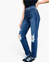 A person wearing dark blue high-waisted distressed jeans with ripped details on the thighs, paired with a black top and black sneakers, shown against a plain white background.