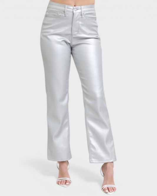 Silver metallic pants on a white background