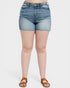 Person wearing light blue denim shorts on a white background