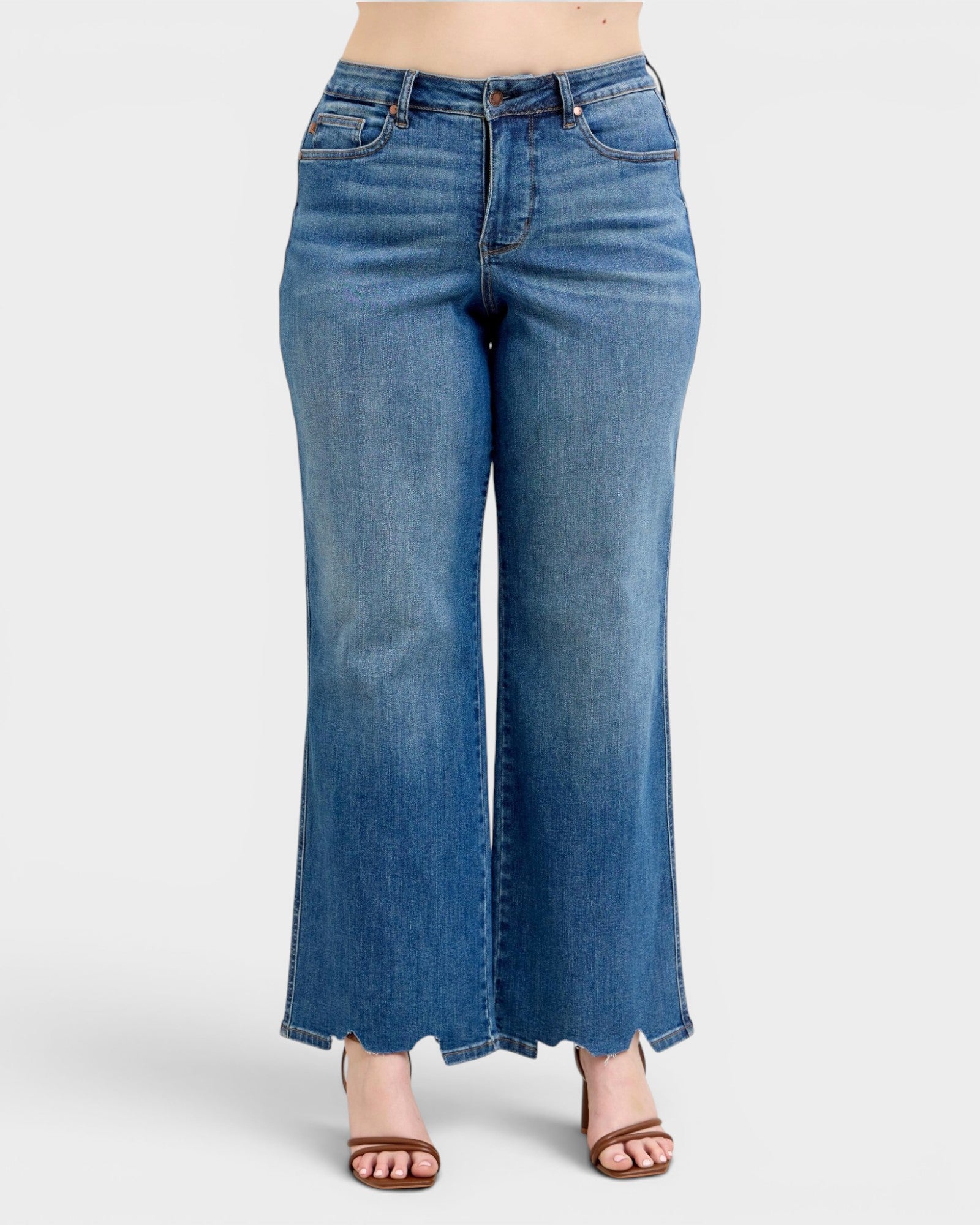 Blue wide-leg jeans on a white background