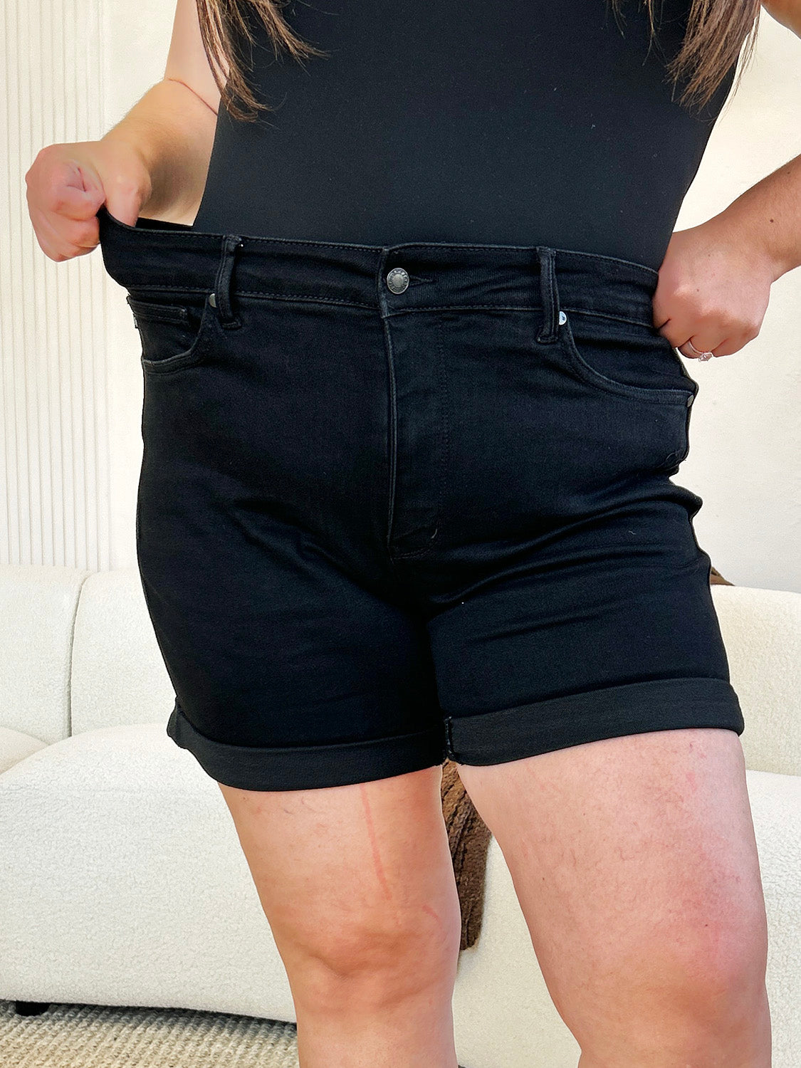 High Waist Tummy Control Cuffed Denim Shorts in Black
