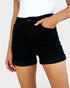 Black shorts worn by a person on a white background