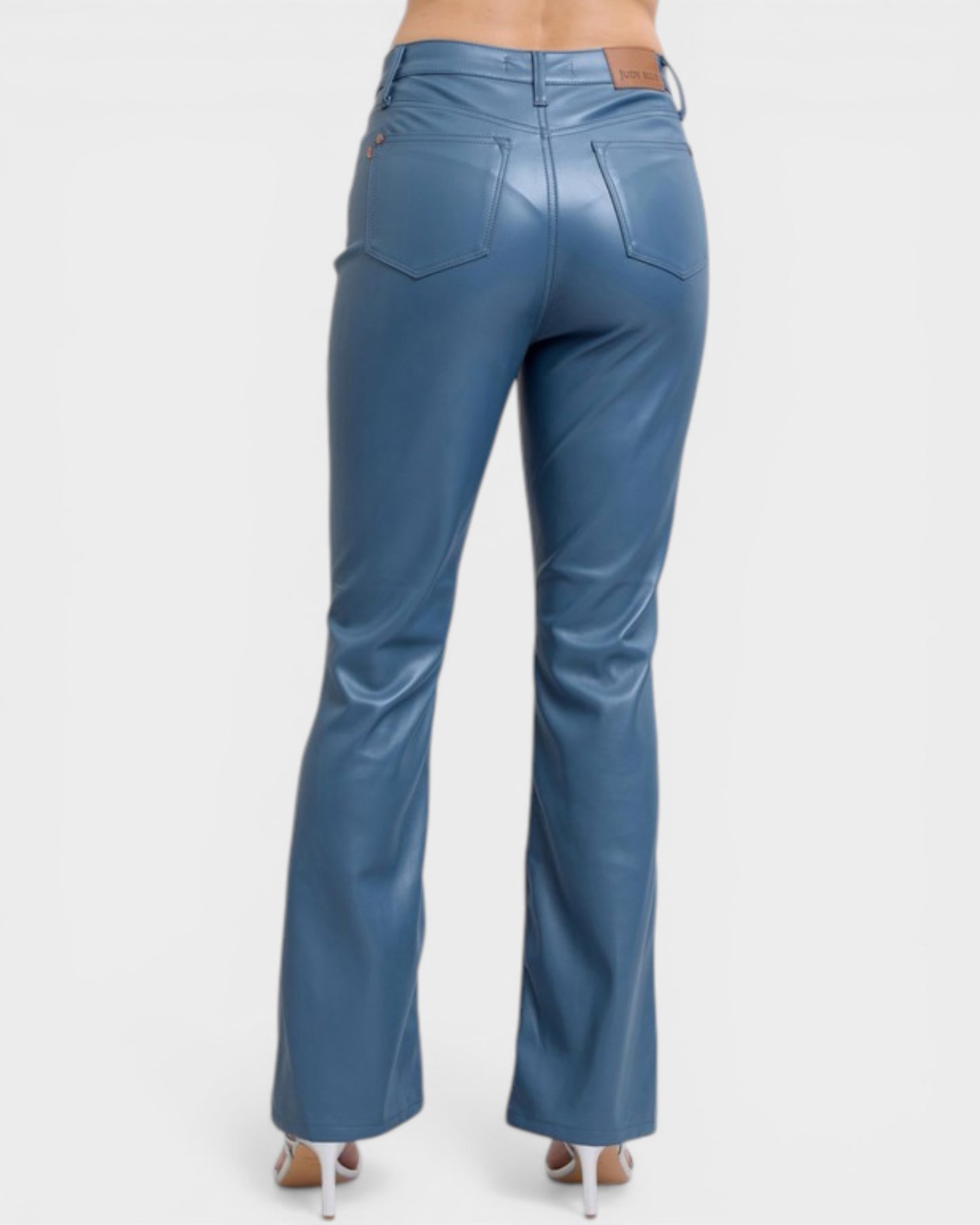 Blue leather pants on a white background