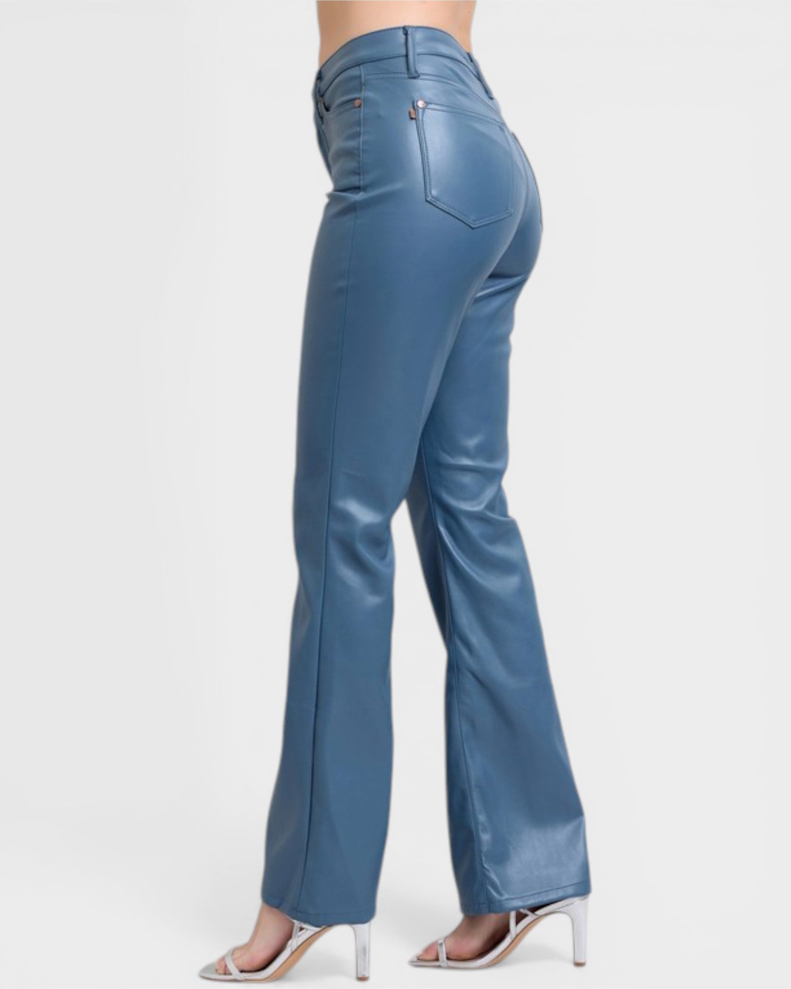 Blue flared pants on a white background