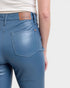 Blue pants with a brand label on a white background