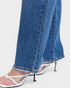 Close-up of blue jeans with white sandals on a white background