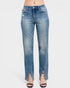 Blue jeans with a slit on a white background