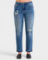 Blue jeans with slight distressing on a white background