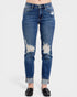Blue distressed jeans on a white background