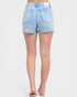 Light blue denim shorts worn by a person on a white background