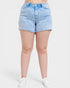 Light blue denim shorts worn by a person on a white background
