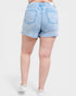 Light blue denim shorts worn by a person on a white background