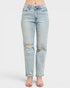 Light blue distressed jeans on a white background
