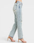 Light blue jeans worn by a person on a white background