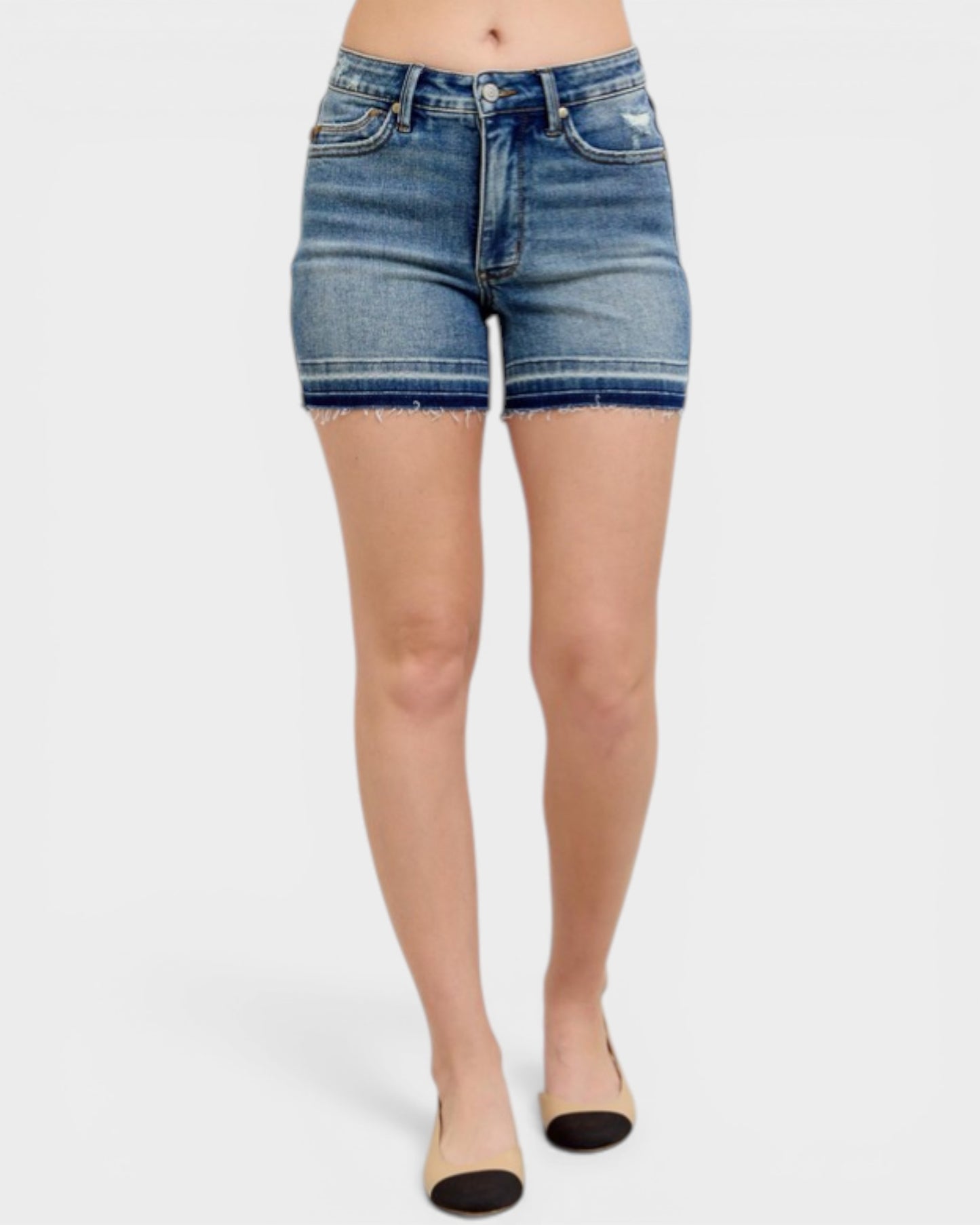 Medium Wash Tummy Control Raw Hem Shorts