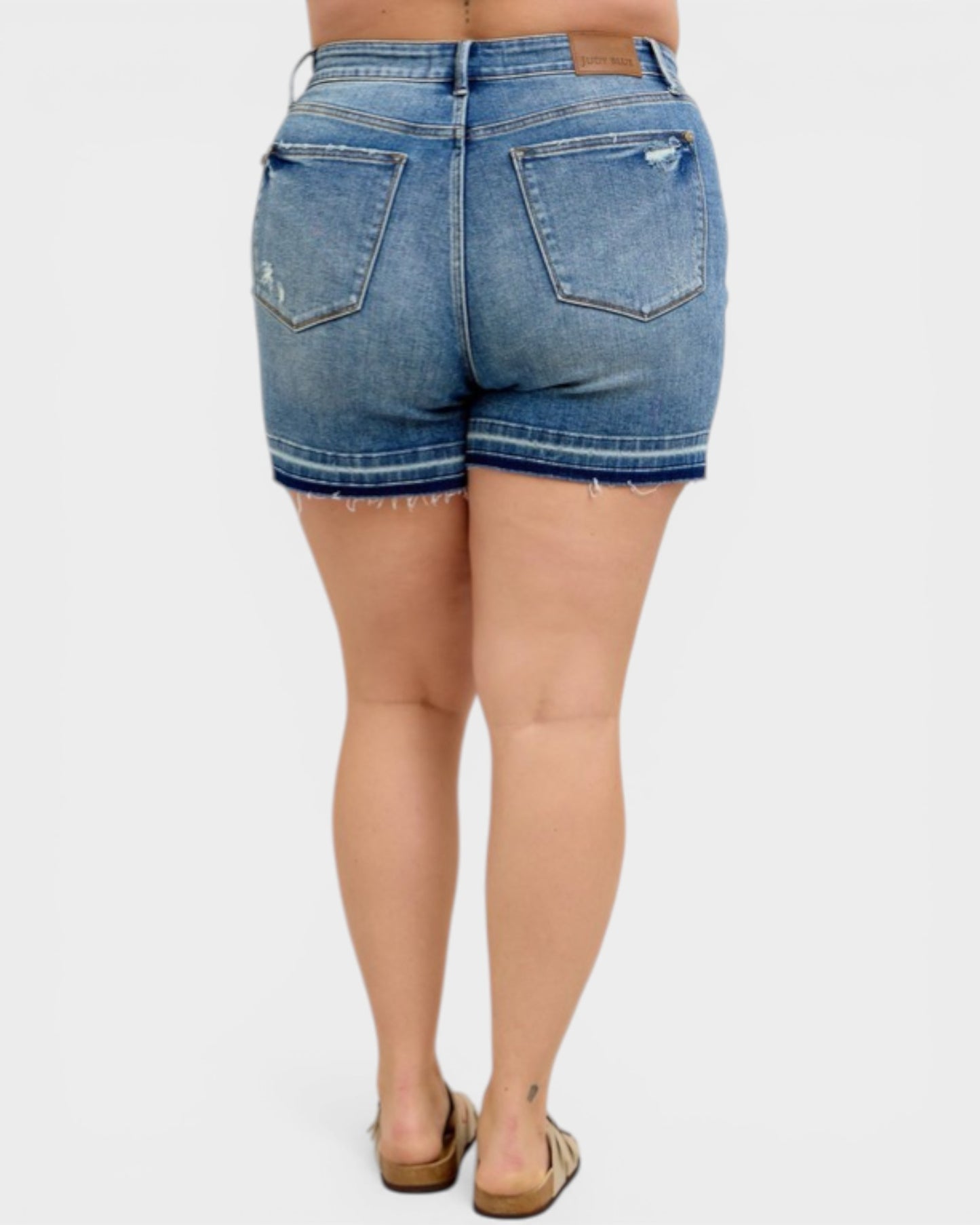 Medium Wash Tummy Control Raw Hem Shorts
