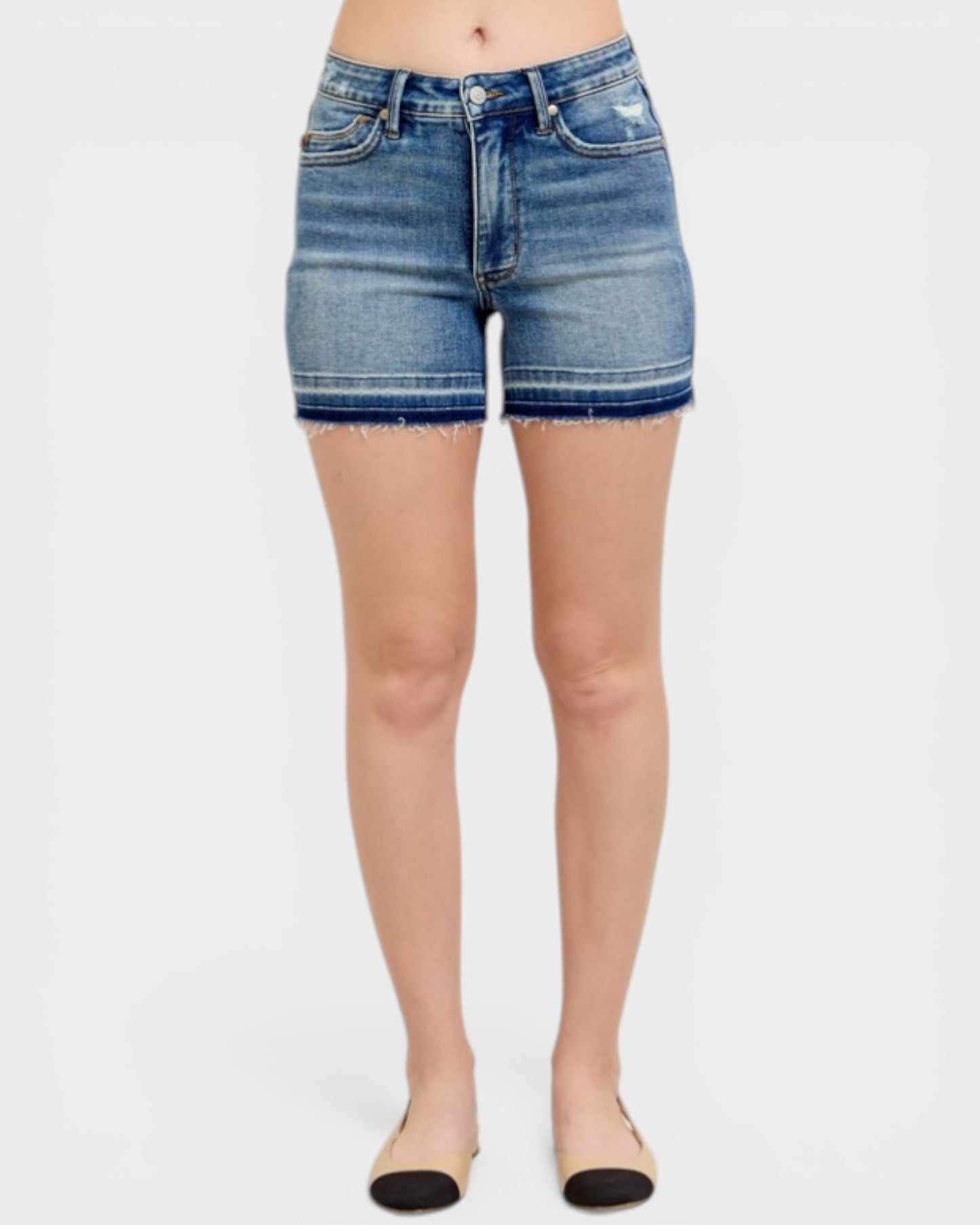 Medium Wash Tummy Control Raw Hem Shorts