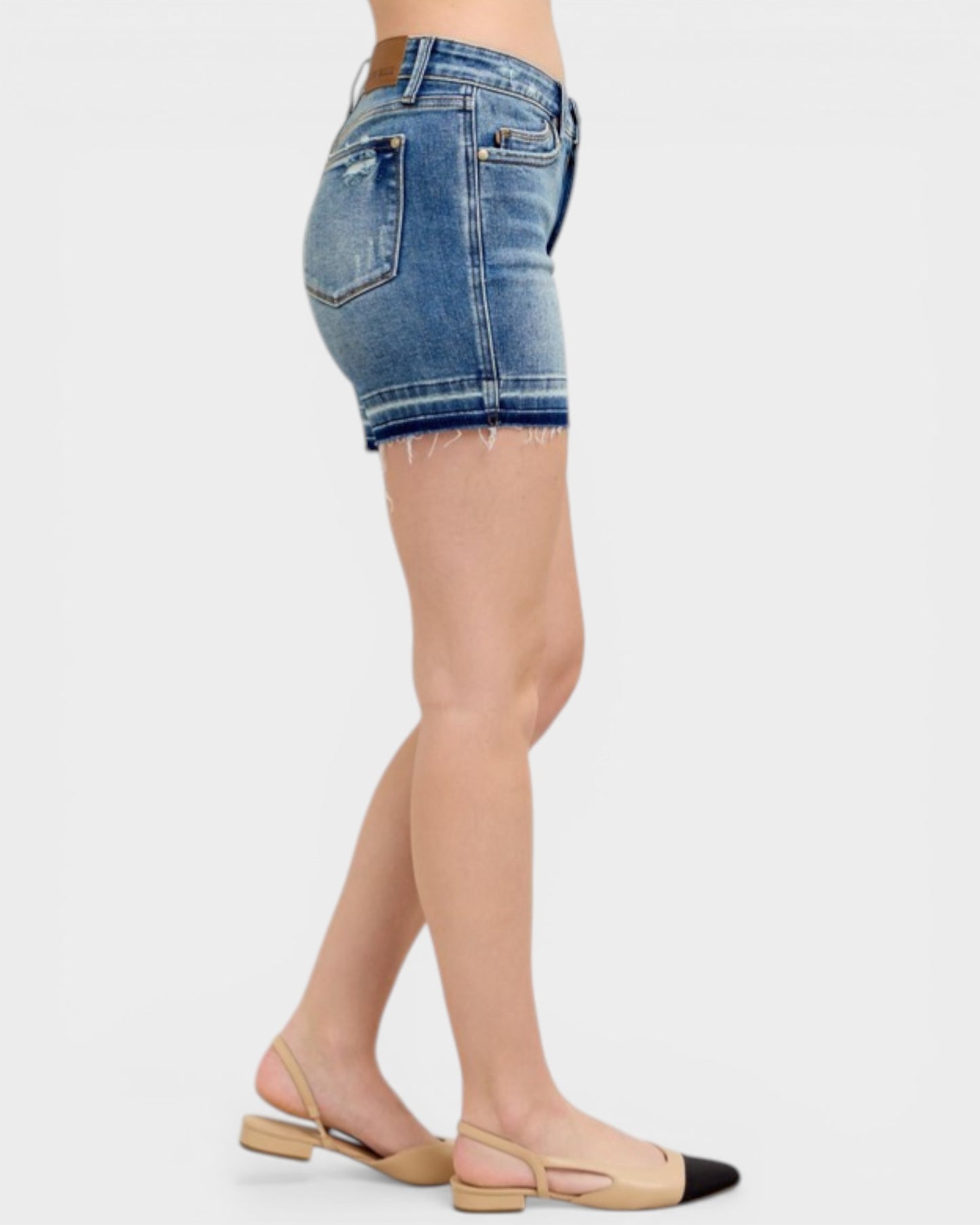 Medium Wash Tummy Control Raw Hem Shorts