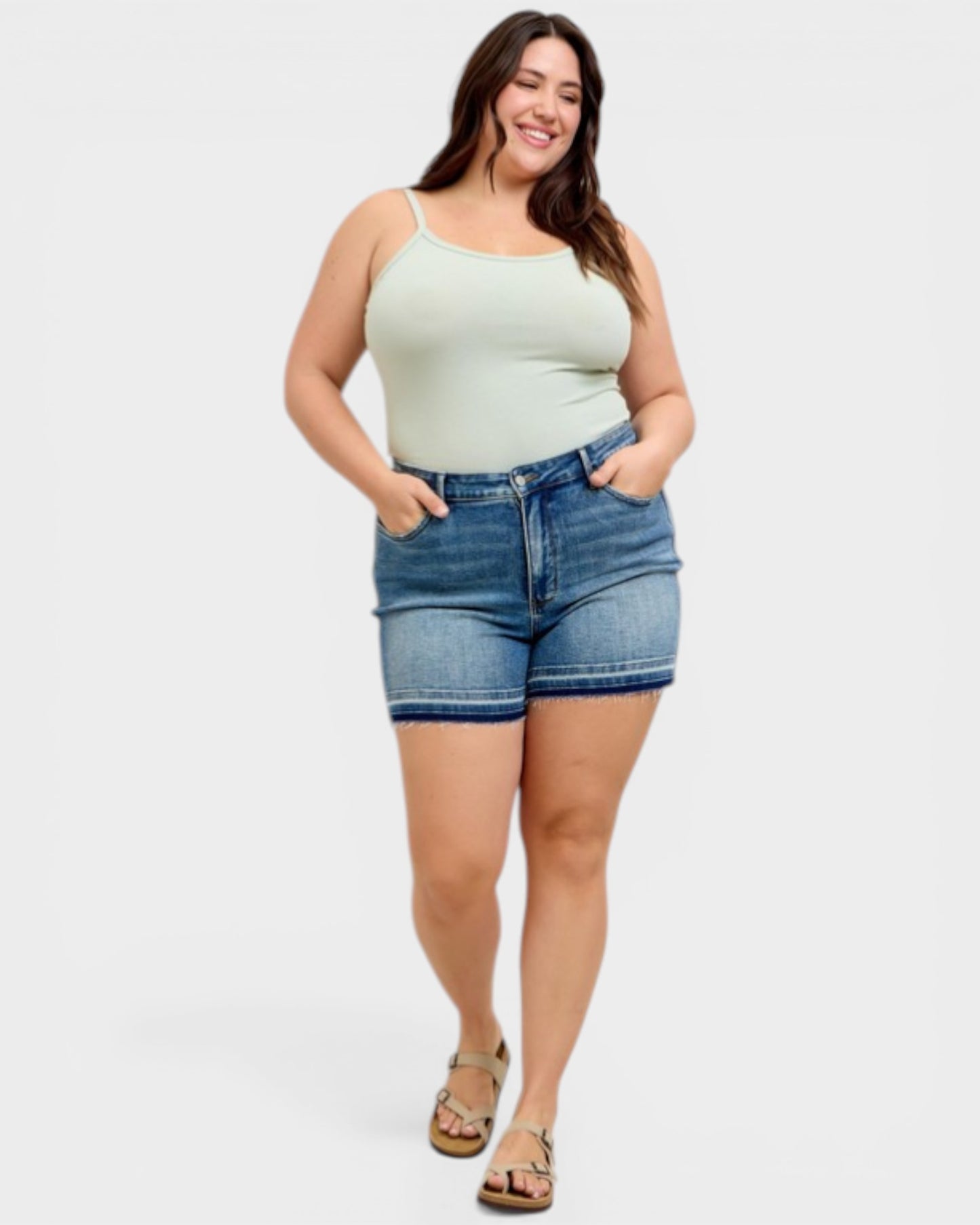 Medium Wash Tummy Control Raw Hem Shorts