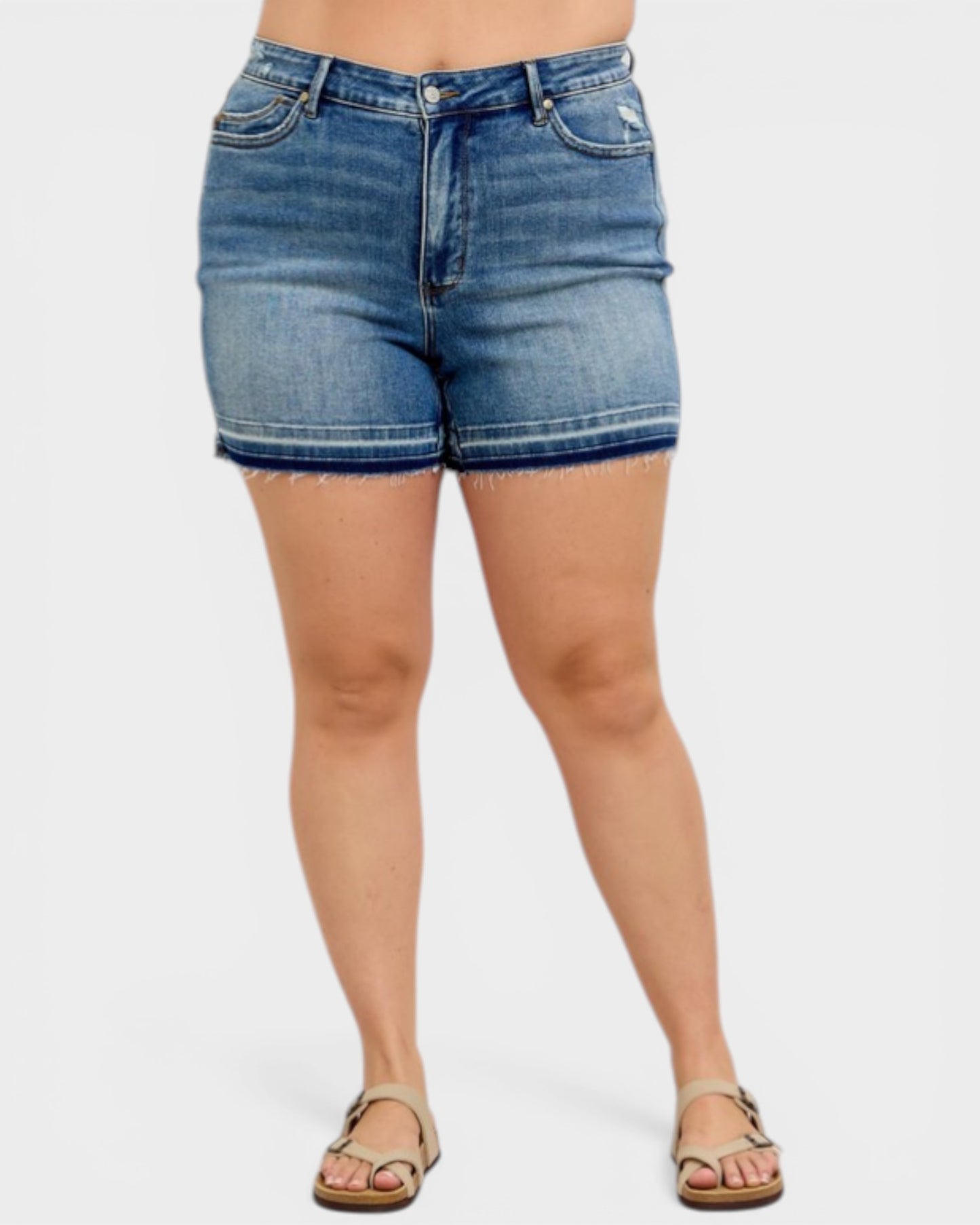 Medium Wash Tummy Control Raw Hem Shorts