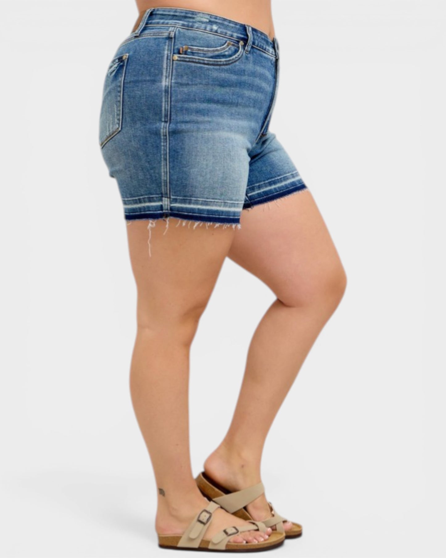 Medium Wash Tummy Control Raw Hem Shorts