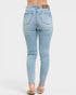 Light blue jeans worn by a person on a white background