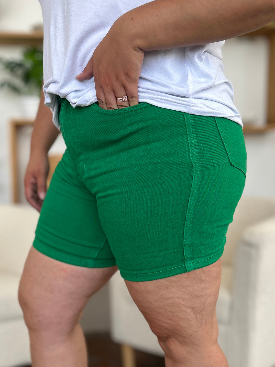 Tummy Control Garment Dyed Denim Shorts in Kelly Green
