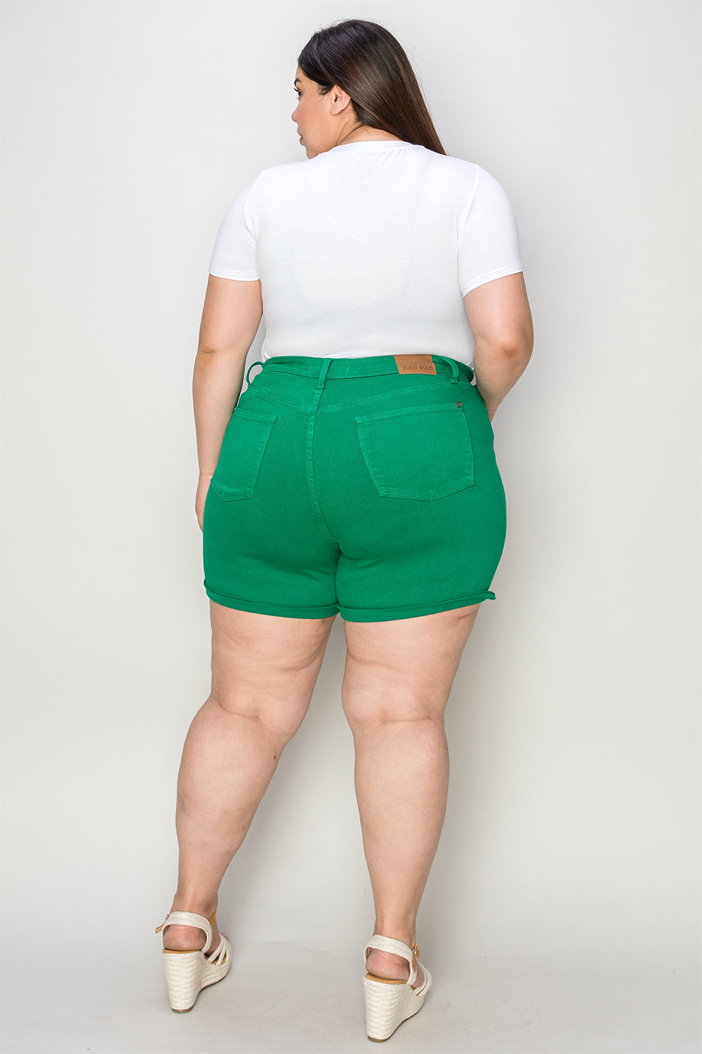 Tummy Control Garment Dyed Denim Shorts in Kelly Green