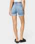 Light blue denim shorts worn by a person on a white background