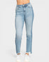 Light blue jeans with a frayed hem on a white background