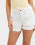 White denim shorts worn by a person on a plain background