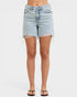 Light blue denim shorts worn by a person on a white background