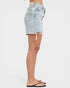 Light blue denim shorts worn by a person on a white background