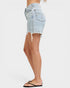 Light blue denim skirt worn by a person on a white background
