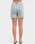 Light blue denim shorts worn by a person on a white background